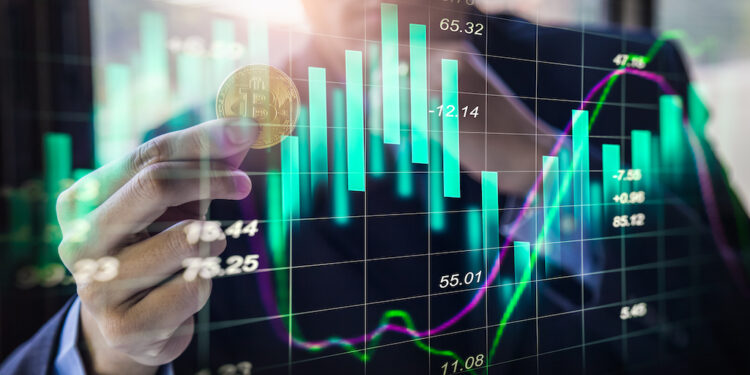 Modern way of exchange. Bitcoin is convenient payment in global economy market. Virtual digital currency and financial investment trade concept. Abstract cryptocurrency with gold bitcoin background.