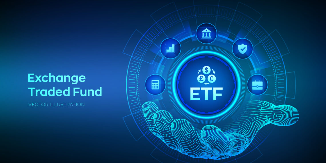 ETF. Exchange traded fund stock market trading investment financial concept in wireframe hand. Stock market index fund. Business Growth. Vector illustration