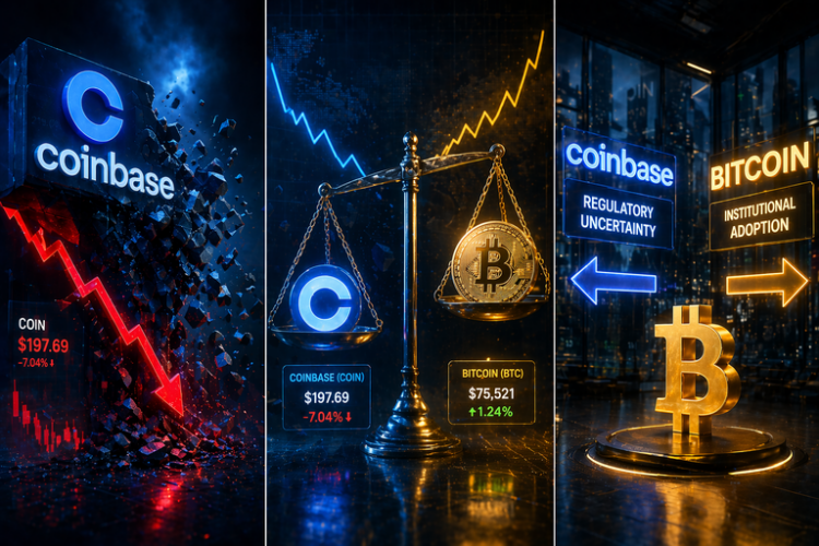 Coinbase-aandeel daalt 7% terwijl Bitcoin stabiel blijft wat veroorzaakt deze opvallende afwijking