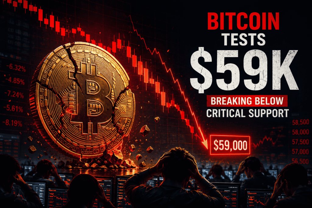 Bitcoin Worstelt Rond $59K terwijl ETF-uitstroom Toeneemt en Grote Optievervaldag Nadert