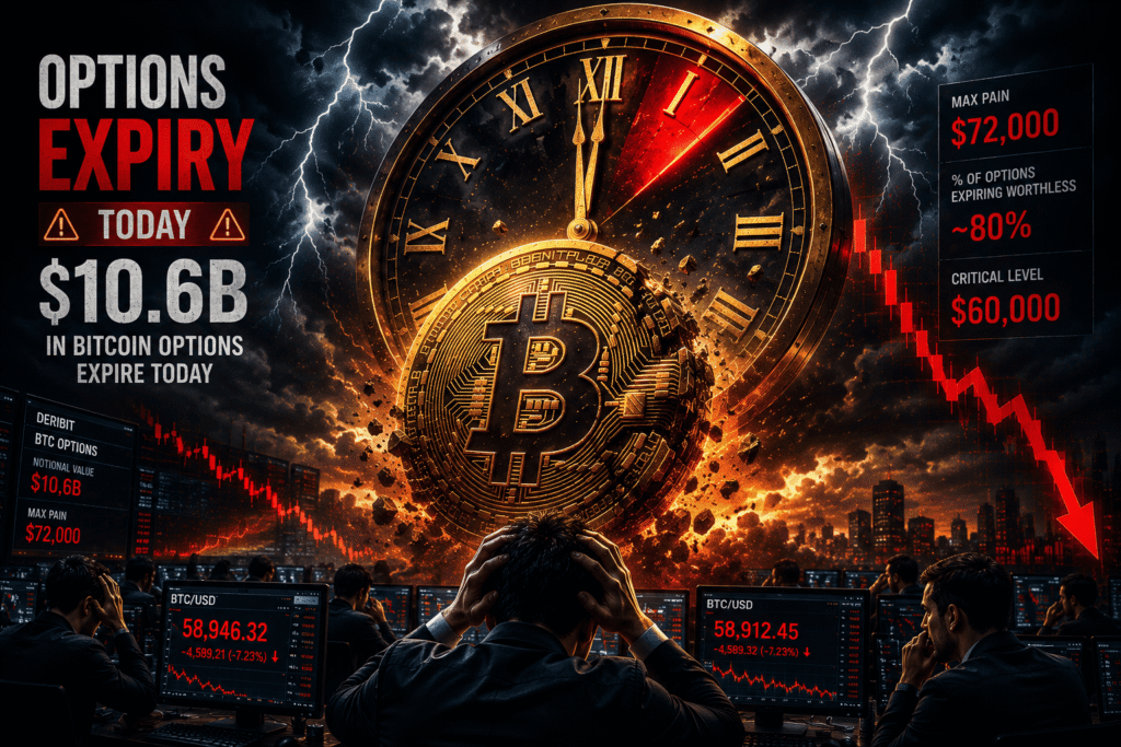 Bitcoin Worstelt Rond $59K terwijl ETF-uitstroom Toeneemt en Grote Optievervaldag Nadert