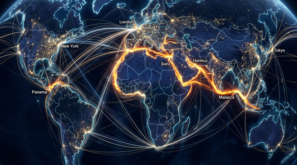 World map highlighting major maritime trade routes connecting continents and key chokepoints such as Suez, Panama, and Malacca