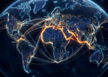 World map highlighting major maritime trade routes connecting continents and key chokepoints such as Suez, Panama, and Malacca