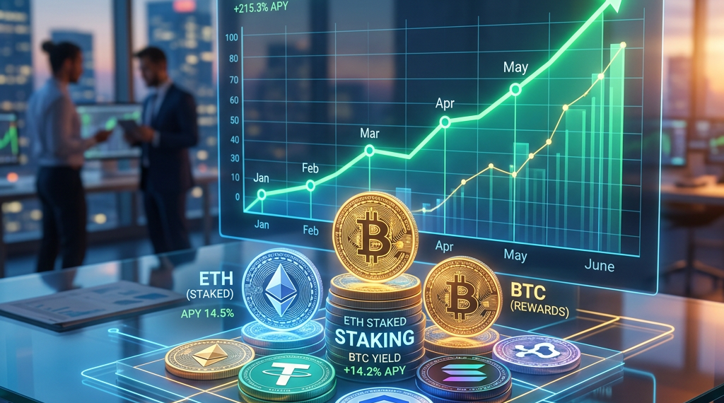 Crypto staking performance data with total yield, staked assets, rewards, active nodes, and growth chart from January to June