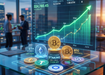 Crypto staking performance data with total yield, staked assets, rewards, active nodes, and growth chart from January to June